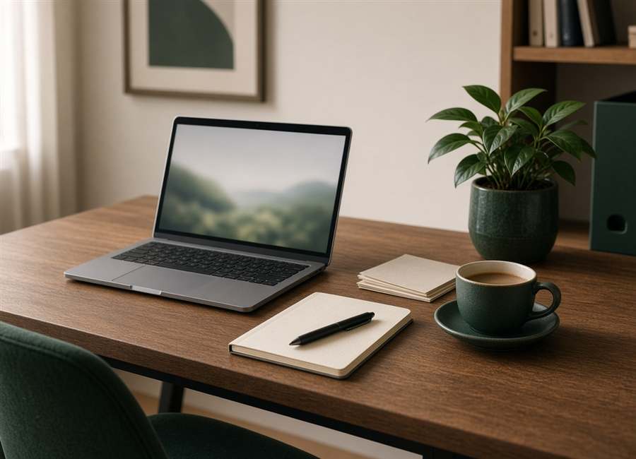 Mesa de trabalho com notebook e caderno de anotações